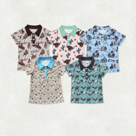 10.4 RTS Sibling Baby Boys Short Sleeve Buttons Horse Rodeos Cows Western Polo Shirts Top