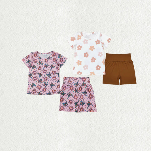 10.14 RTS Sibling Baby Girls Short Sleeve Flowers Butterfly Tops Biking Ruffle Shorts Clothes Sets