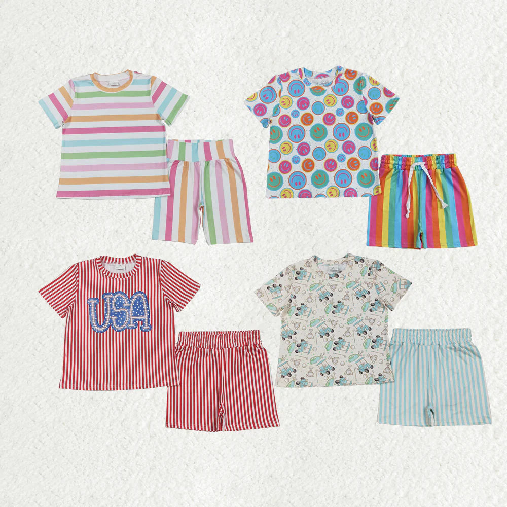 10.4 RTS Sibling Baby Girls Short Sleeves Smiles USA Stripe Top Short Pajamas Sets