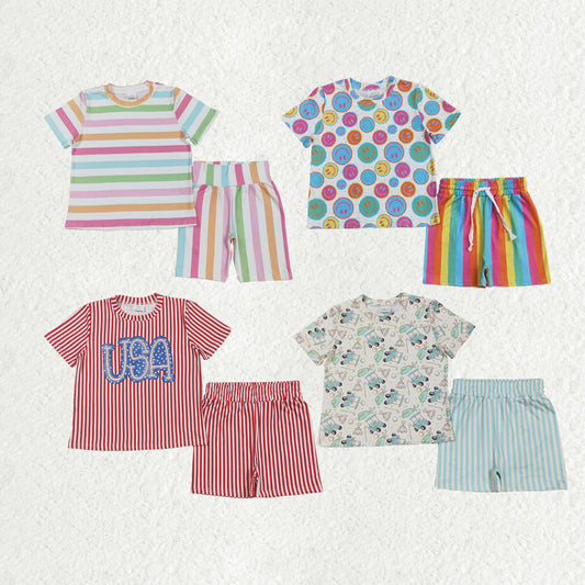 10.4 RTS Sibling Baby Girls Short Sleeves Smiles USA Stripe Top Short Pajamas Sets