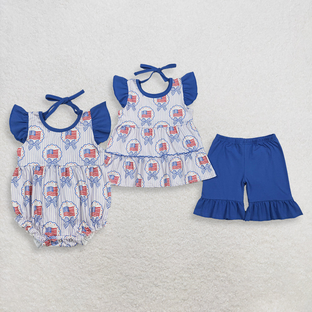 RTS Sibling Flutter sleeves bow flag tunic shorts girls 4th of july set and romper