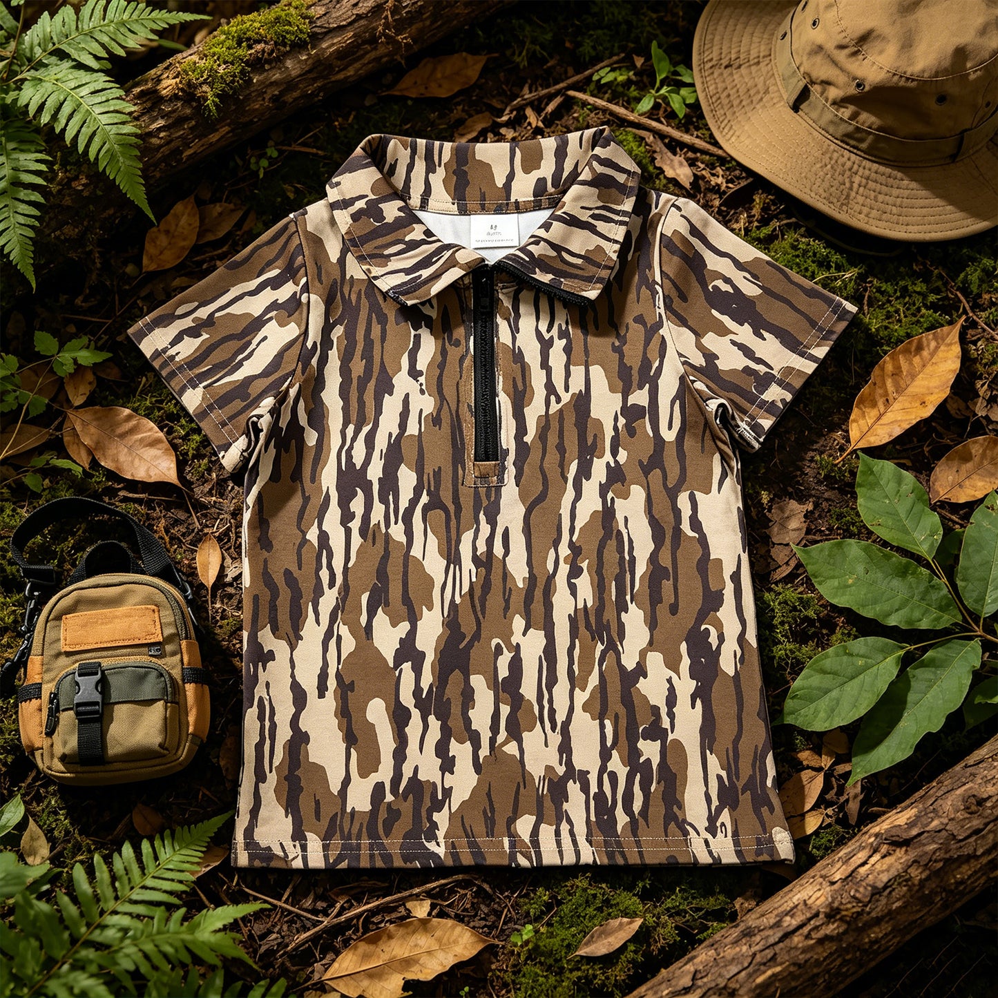 BT1726 RTS NO MOQ （In stock ）Baby Boys Short Sleeve Southern Olive Camo Zipper Pullovers Top