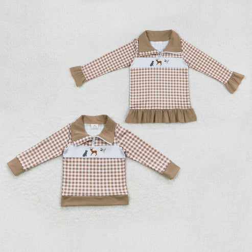 9.25 RTS Sibling Baby Boys Girls Embroidery Dogs Deer Ducks Western Zipper Pullovers Tops