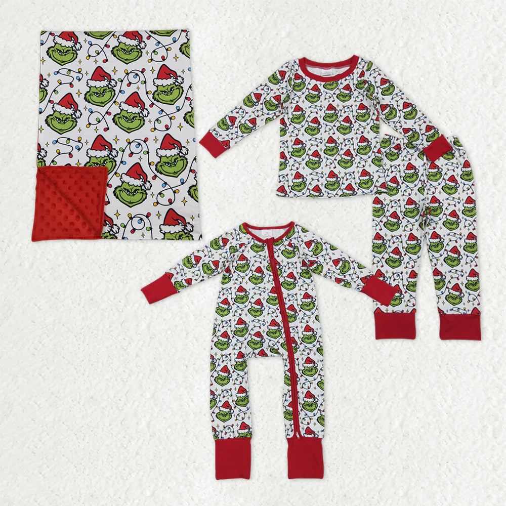 9.22 RTS Sibling Baby Boys Green Faces Lights Christmas Pajamas Sets Zipper Footie Rompers Blankets