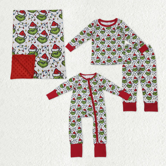 9.22 RTS Sibling Baby Boys Green Faces Lights Christmas Pajamas Sets Zipper Footie Rompers Blankets