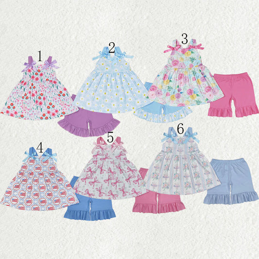 10.3 RTS Sibling Baby Girls Straps Floral Tunic Ruffle Shorts Summer Clothes Sets