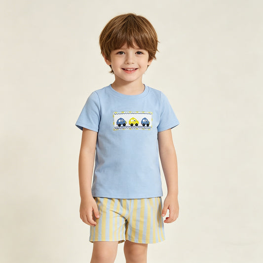 4.5 BSSO0617 RTS NO MOQ （In stock ）Short sleeves cars top stripe shorts boys clothes