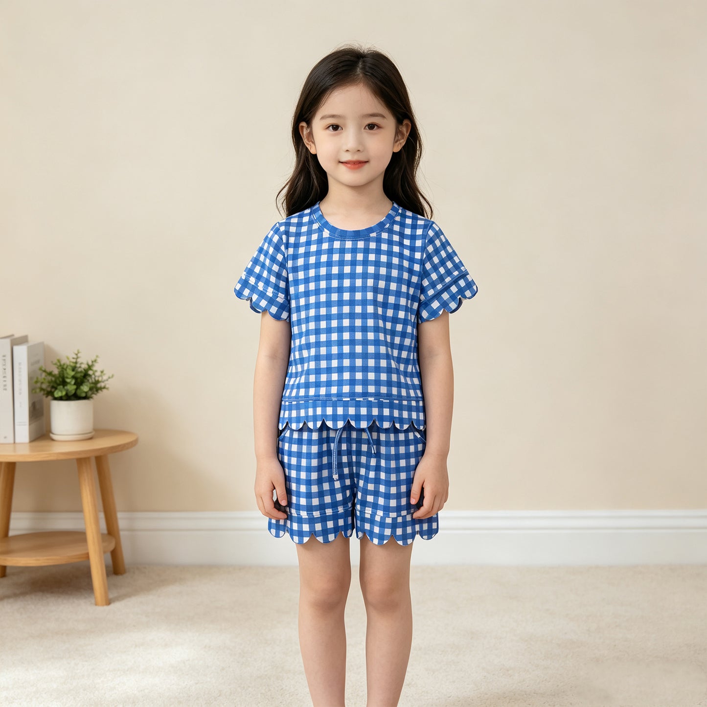 GSSO3837 RTS NO MOQ （In stock）milk silk Baby Girls Hot Blue Checked Shirt Top Pockets Short Scallop Clothes Set