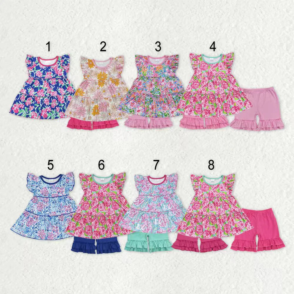 1.23 RTS Sibling Baby Girls Flowers Tunic Shorts Summer Clothes Sets