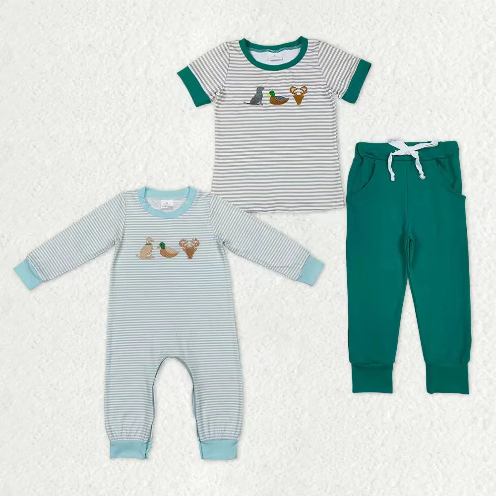 1.5 RTS Sibling Baby Boys Embroidery Deer Dog Ducks Stripe Top Pockets Pants Hunting Clothes Sets Pant Rompers