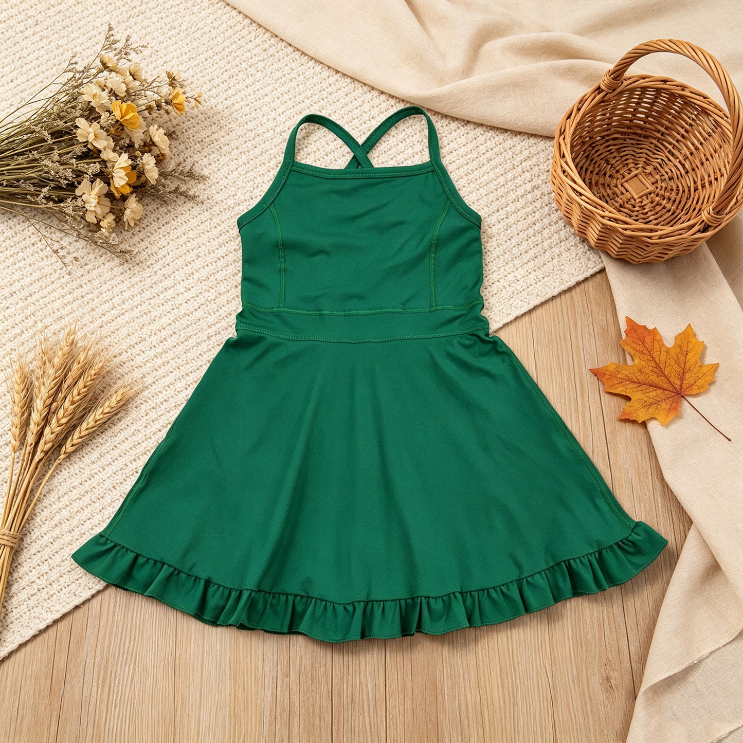 RTS NO MOQ （In stock）yoga fabric cotton S0782 Baby Girls Green Knit Knee Length Active Wear Dresses Casual Wear
