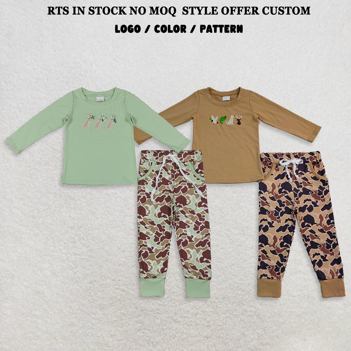 RTS NO MOQ Sibling milk silk Embroidery Dogs Ducks Thanksgiving Baby Boys Top Camo Pockets Joggers Hunting Clothes Sets