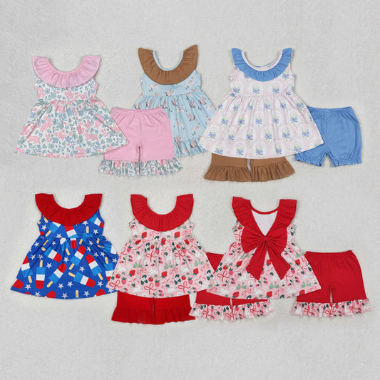 11.10 RTS Sibling Baby Girls Sleeveless Floral Print Bow Tunic Ruffle Shorts Clothes Sets