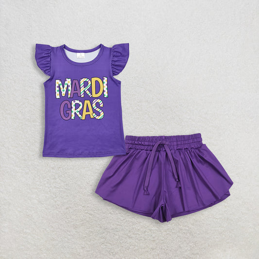 3.4 RTS NO MOQ （In stock）GT0814 + SS0602 Baby Girls Mardi Gras Purple Tee Shirts Tops Yoga Shorts Bottoms