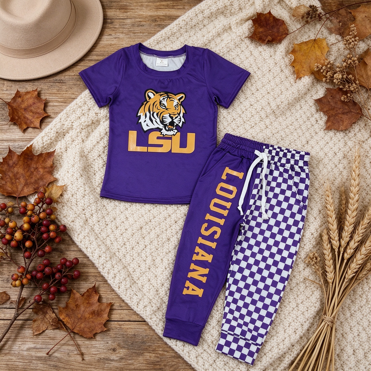 RTS NO MOQ （In stock）milk silk BT1884+P1061 Baby Boys Purple Shirt Top Pockets Joggers Team Sets