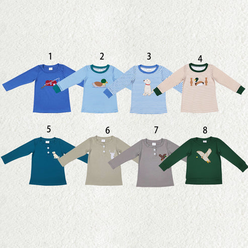 9.24 RTS Sibling Baby Boys Girls Embroidery Ducks Dogs Fishing Western Tee Shirts Top