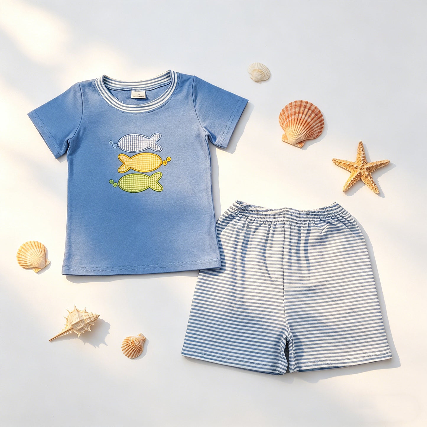 BSSO1905 RTS NO MOQ （In stock ）Short sleeves fish top plaid shorts kids boys outfits