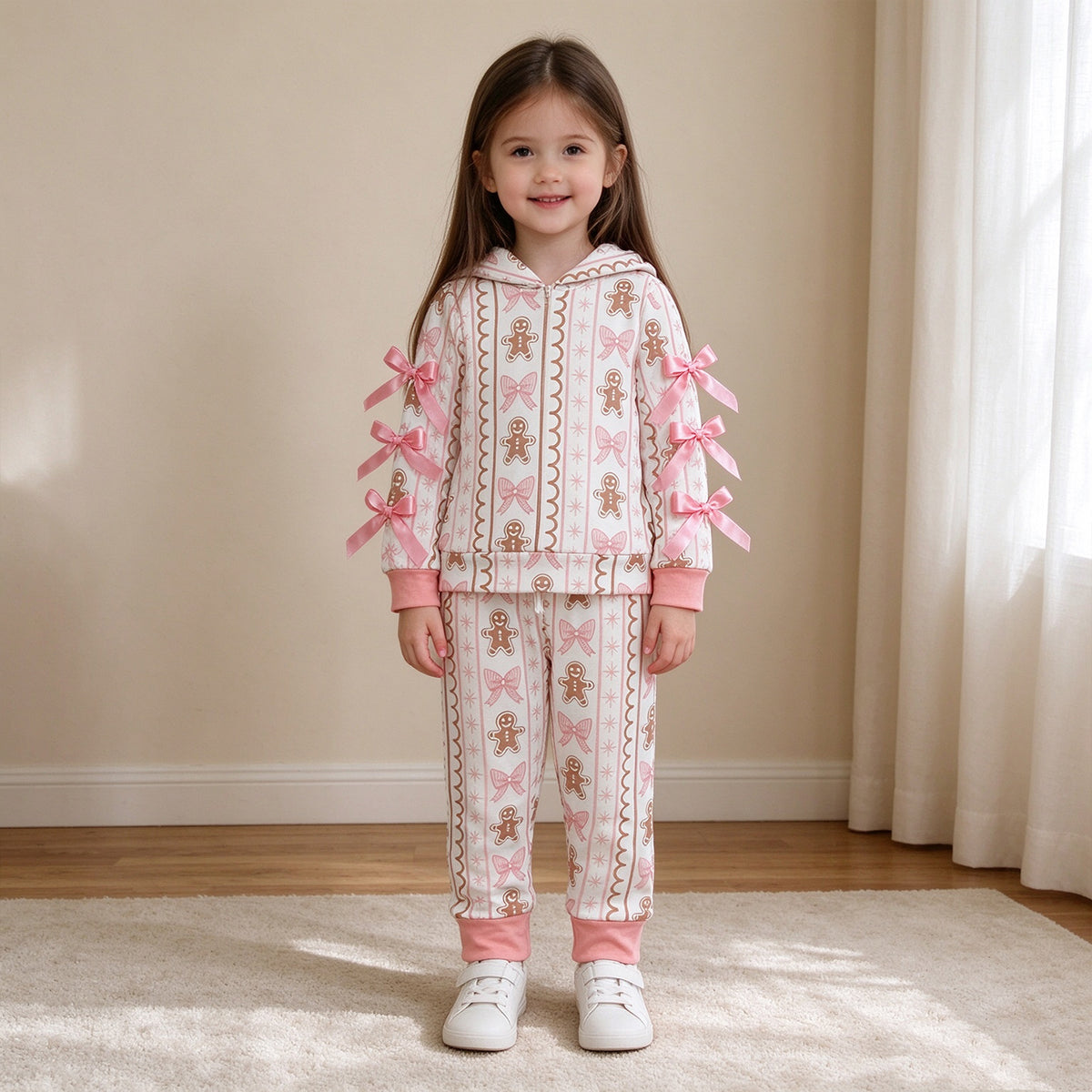 RTS NO MOQ milk silk GLP3614 Baby Girls Bows Gingerbread Hoodie Pockets Jogger Christmas Clothes Set