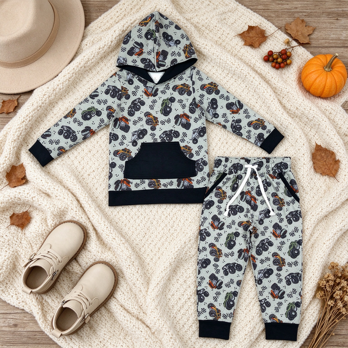 RTS NO MOQ （In stock）BLP1511 milk silk Baby Boys Flags Motors Pocket Hoodie Jogger Pants Clothes Set