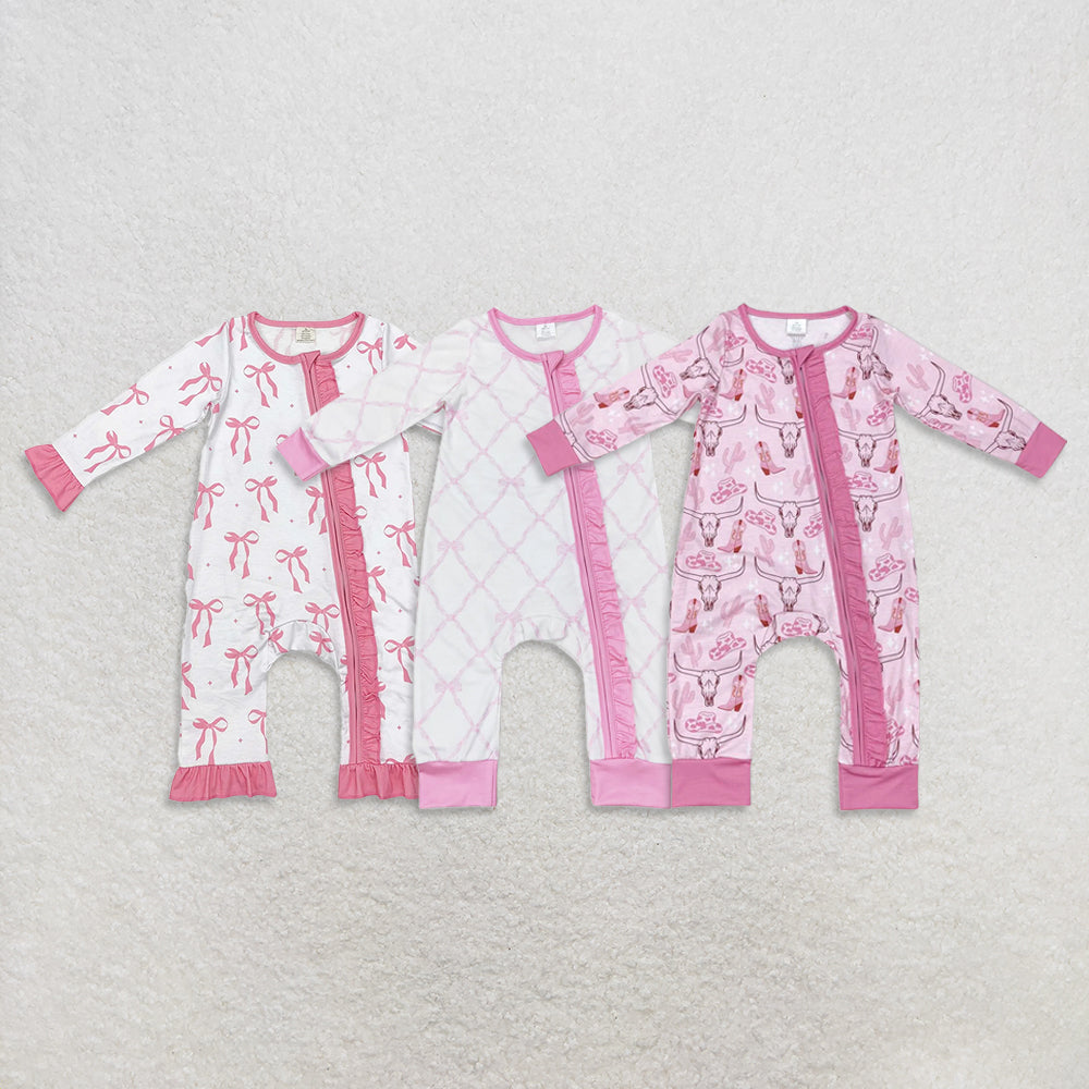 USA Warehouse (IN STOCK) Baby Girls Pink Long Sleeves Bow Zipper Romper with Pink Boots Cactus Bull Skull Design for Infants