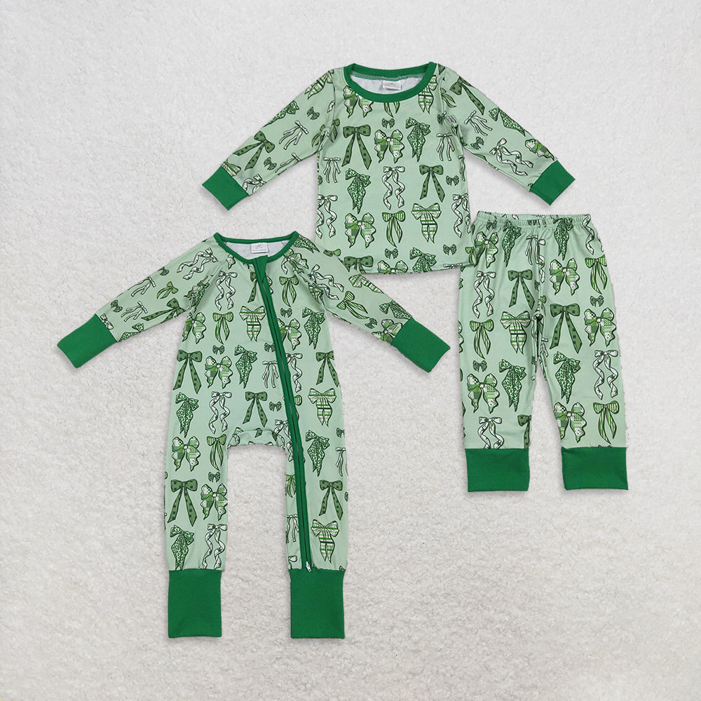 9.30 RTS Sibling Baby Girls Green Clovers Bows Top Pants St Patrick Pajamas Sets Zipper Rompers