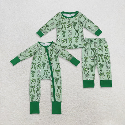 9.30 RTS Sibling Baby Girls Green Clovers Bows Top Pants St Patrick Pajamas Sets Zipper Rompers