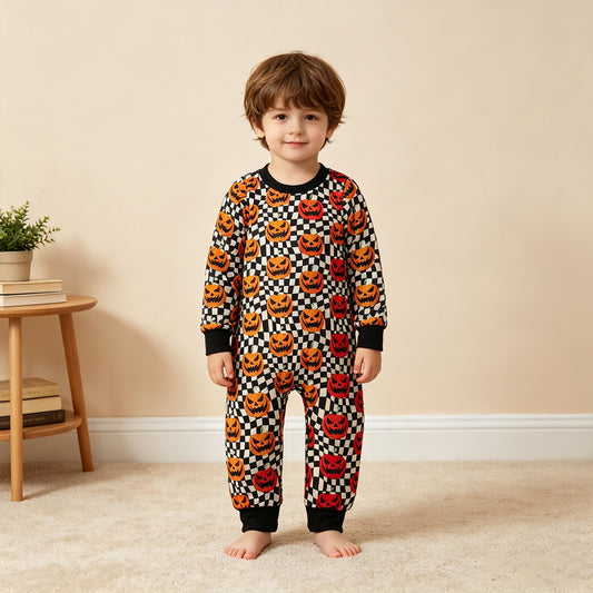 LR1389 RTS NO MOQ （In stock）milk silk Smocked Baby Boys Halloween Checkered Pumpkin Long Sleeve Romper