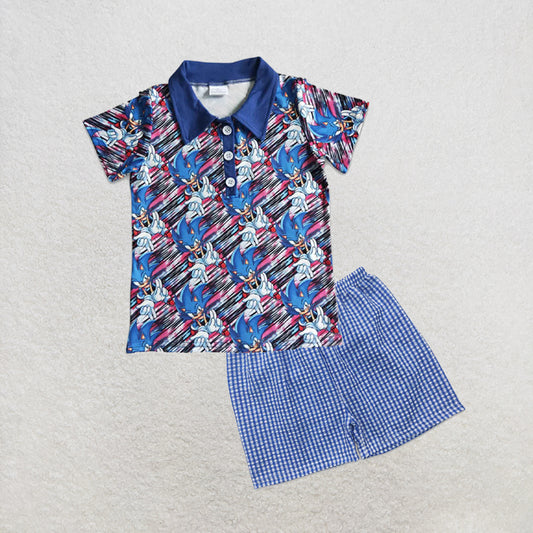 5.15 RTS NO MOQ （In stock）BT0027+SS0074 Blue neck short sleeve boy polo shirt outfits