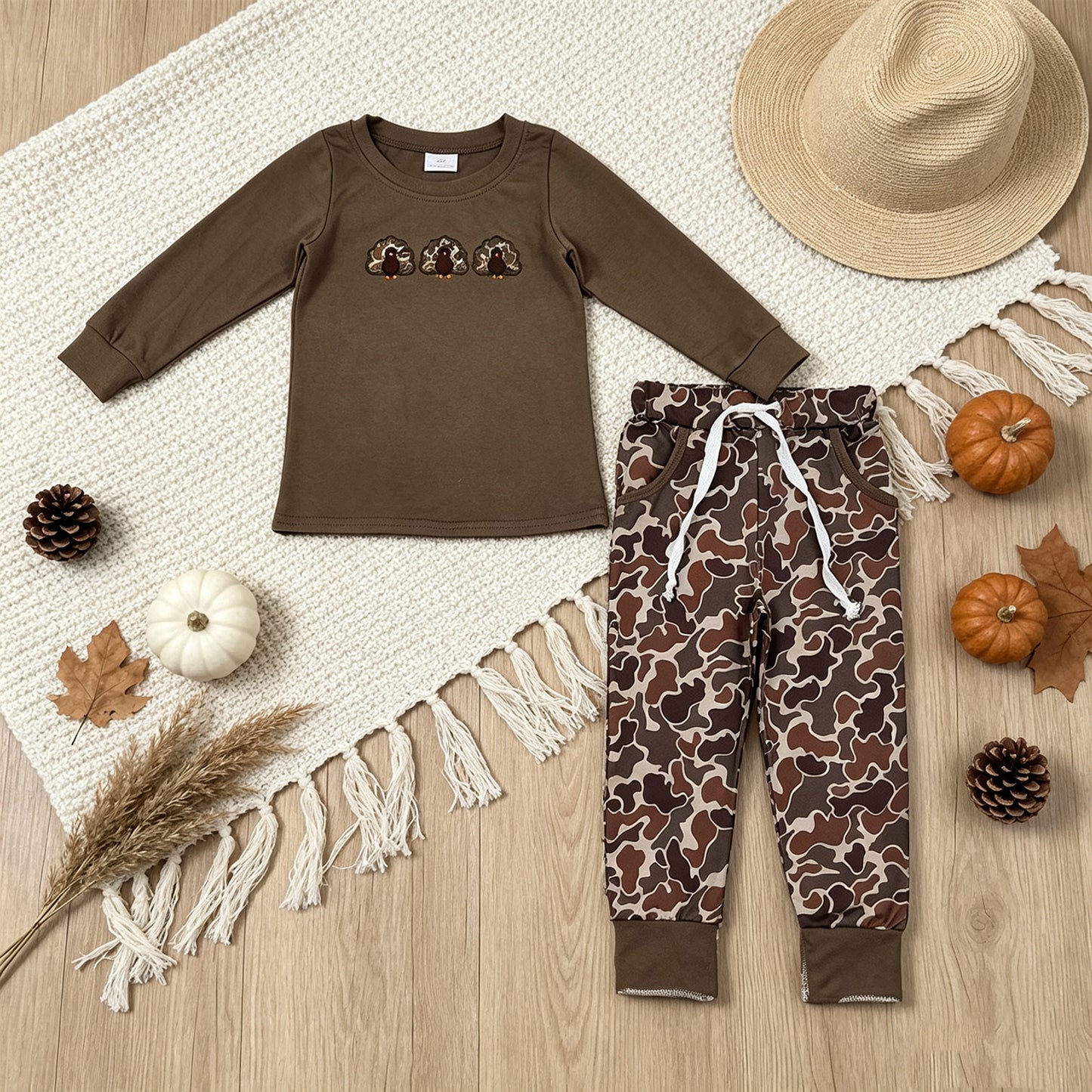RTS NO MOQ （In stock）milk silk BLP1473 Embroidery Toddler Boys Camo Turkey Top Matching Pocket Jogger Pants Two Piece Thanksgiving Clothes Set