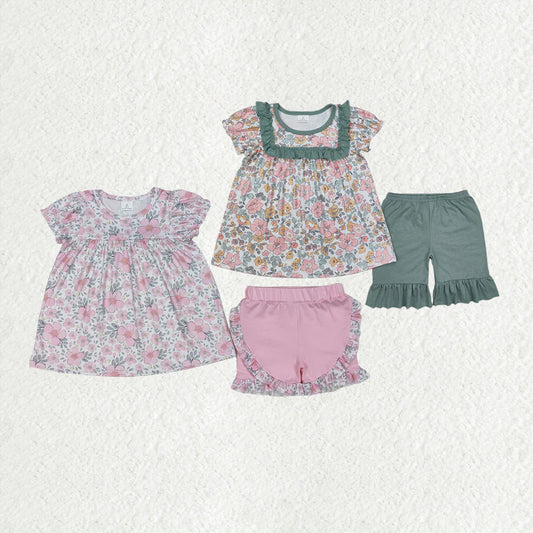 10.4 RTS Sibling Baby Girls Spring Green Pink Flowers Rompers Clothes Suits