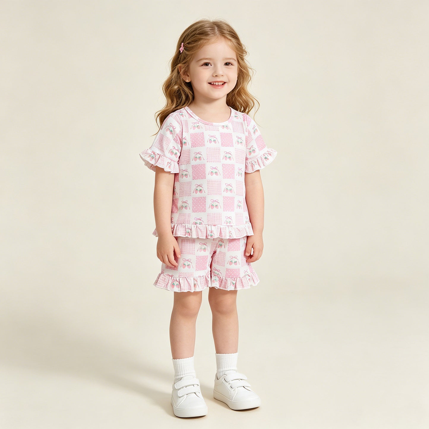 GSSO3342 RTS NO MOQ （In stock ）Short sleeves pink bow strawberry kids girls outfits
