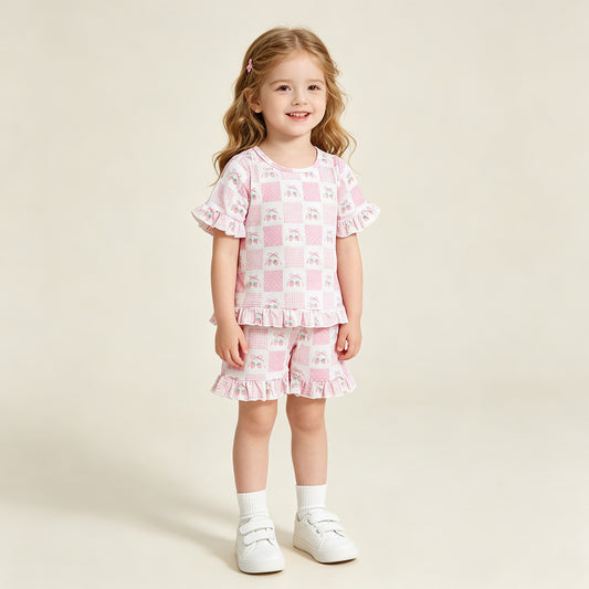 GSSO3342 RTS NO MOQ （In stock ）Short sleeves pink bow strawberry kids girls outfits