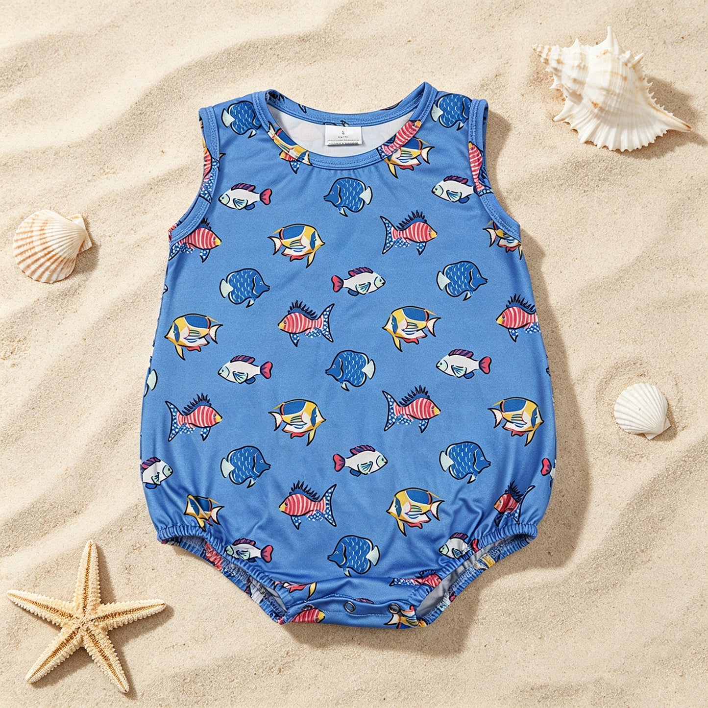 SR4151 RTS NO MOQ （In stock）Sleeveless blue fish baby boy summer romper