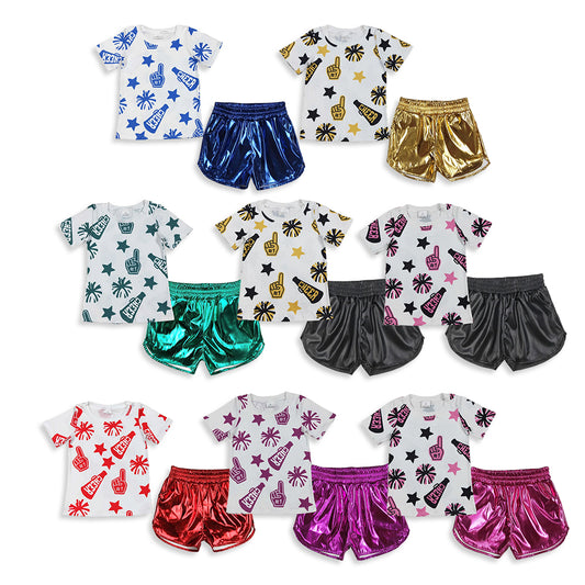 8.20 RTS Sibling Baby Girls Cheer Team Tops Leather Shorts Clothes Sets