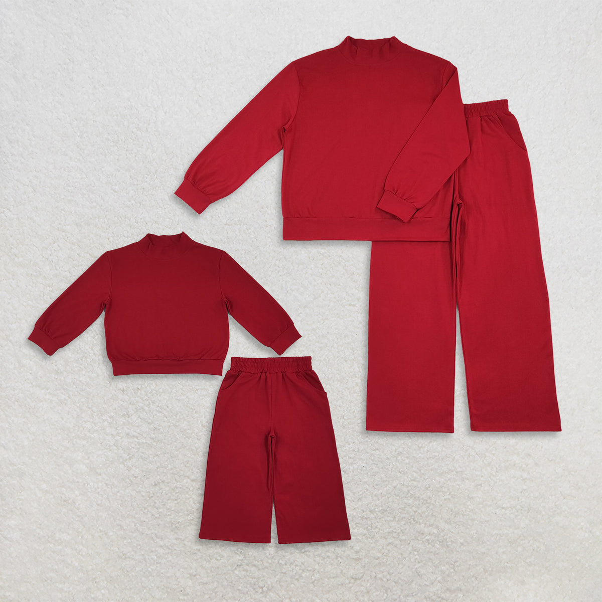 RTS NO MOQ Sibling cotton Adult To Match Kids High Neck Red Mock Neck Long Sleeve Top Wide Leg Pants Set（副本）