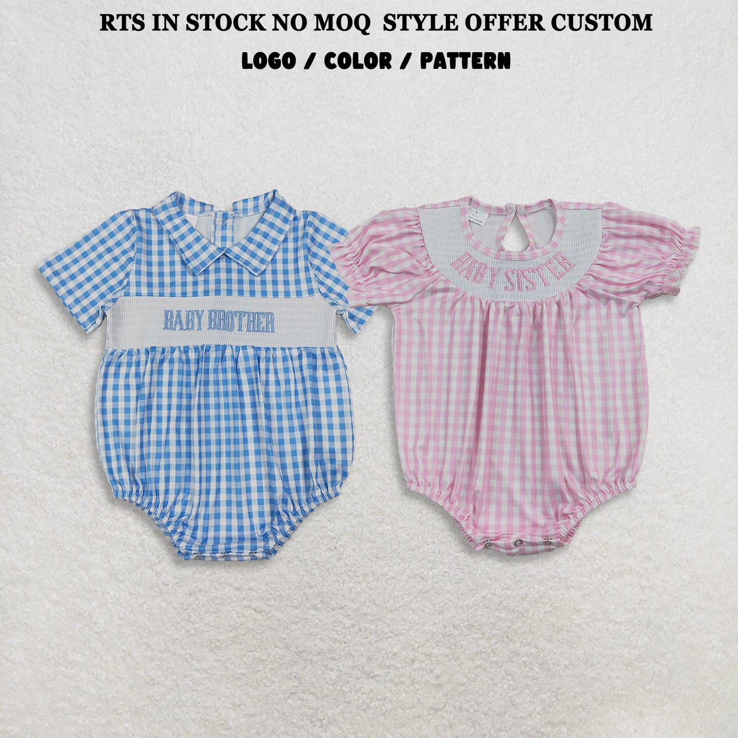 RTS NO MOQ Sibling milk silk Smocked Baby Boys And Girls Short Sleeve Checked Back Button Rompers