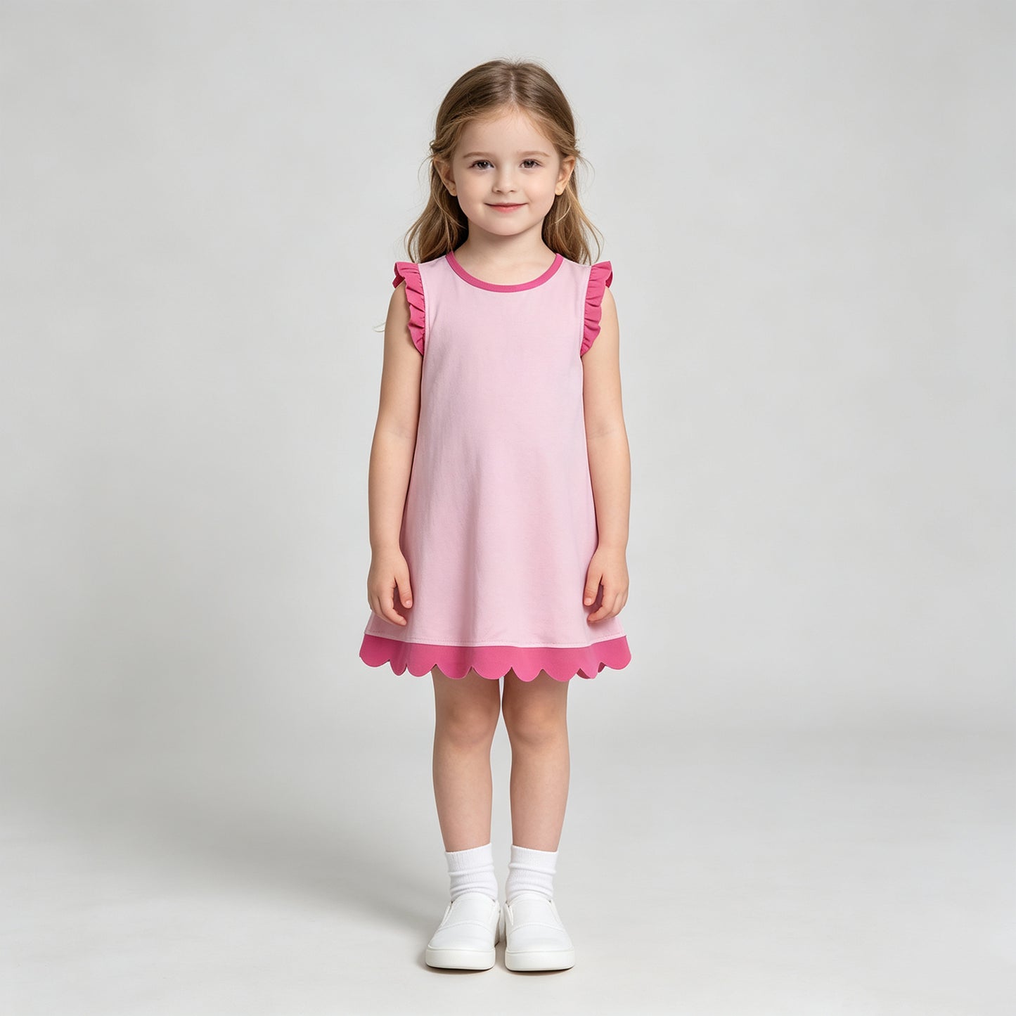 4.14 GSD4052 RTS NO MOQ （In stock）Pink scallop ruffle sleeveless kids girls cotton dress
