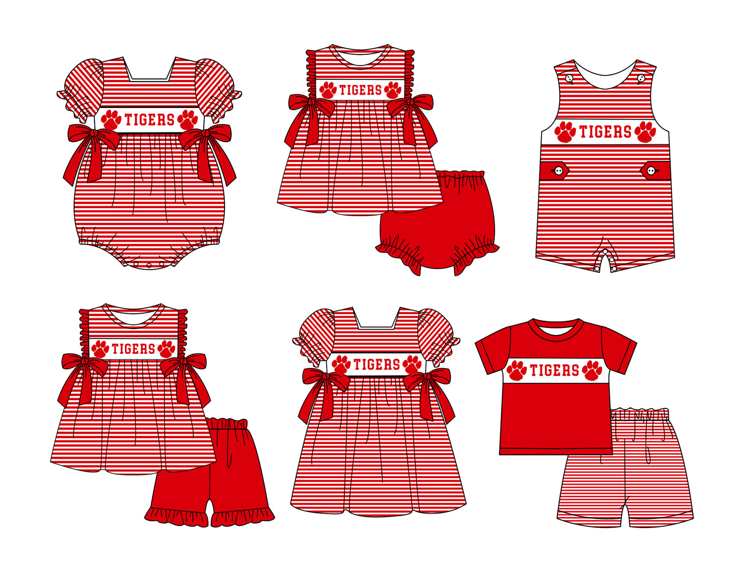 CUSTOM MOQ 5 Sibling Boys Baby Girls Red Stripe Top Ruffles Shorts Clothes Set Knee Length Dress Rompers