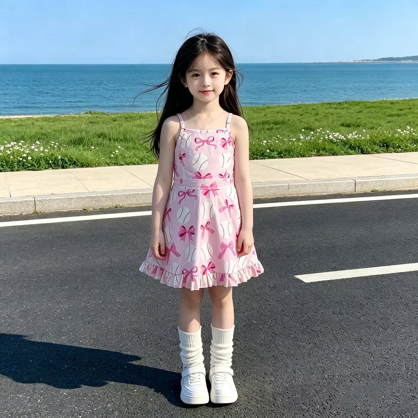 GSD2567 RTS NO MOQ （In stock ）Straps pink bow baseball girls summer athletic dress