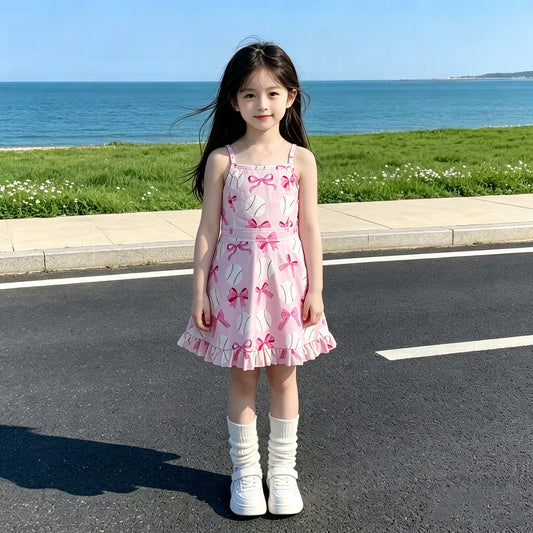 GSD2567 RTS NO MOQ （In stock ）Straps pink bow baseball girls summer athletic dress