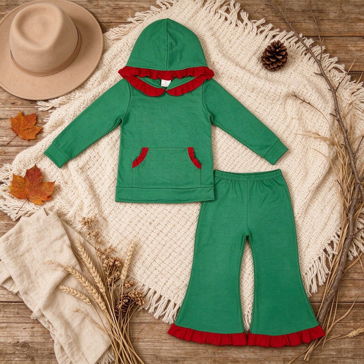 RTS NO MOQ （In stock） cotton GLP3752 Baby Girls Pocket Ruffle Hoodie Bell Bottom Pant Christmas Holiday Clothes Set