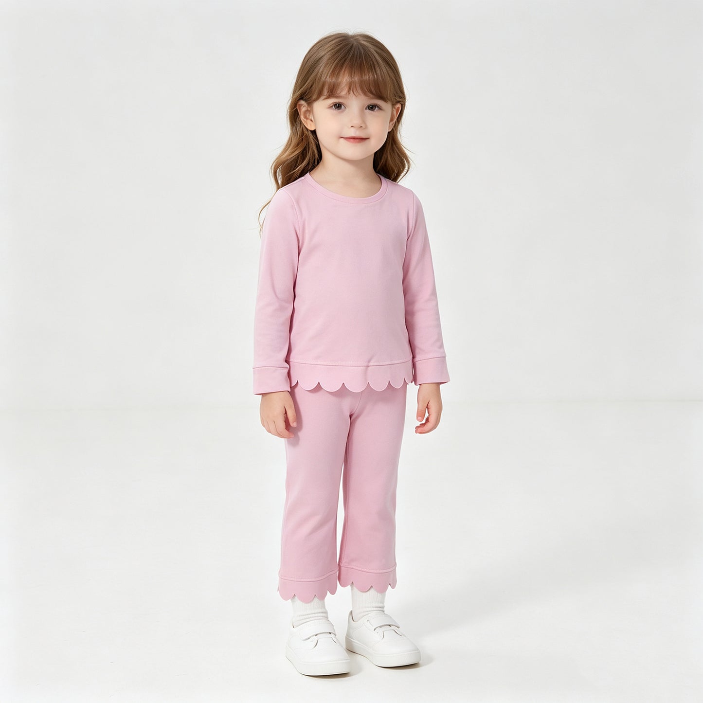 GLP3291 RTS NO MOQ （In stock）Pink cotton long sleeves scallop girls pajamas set