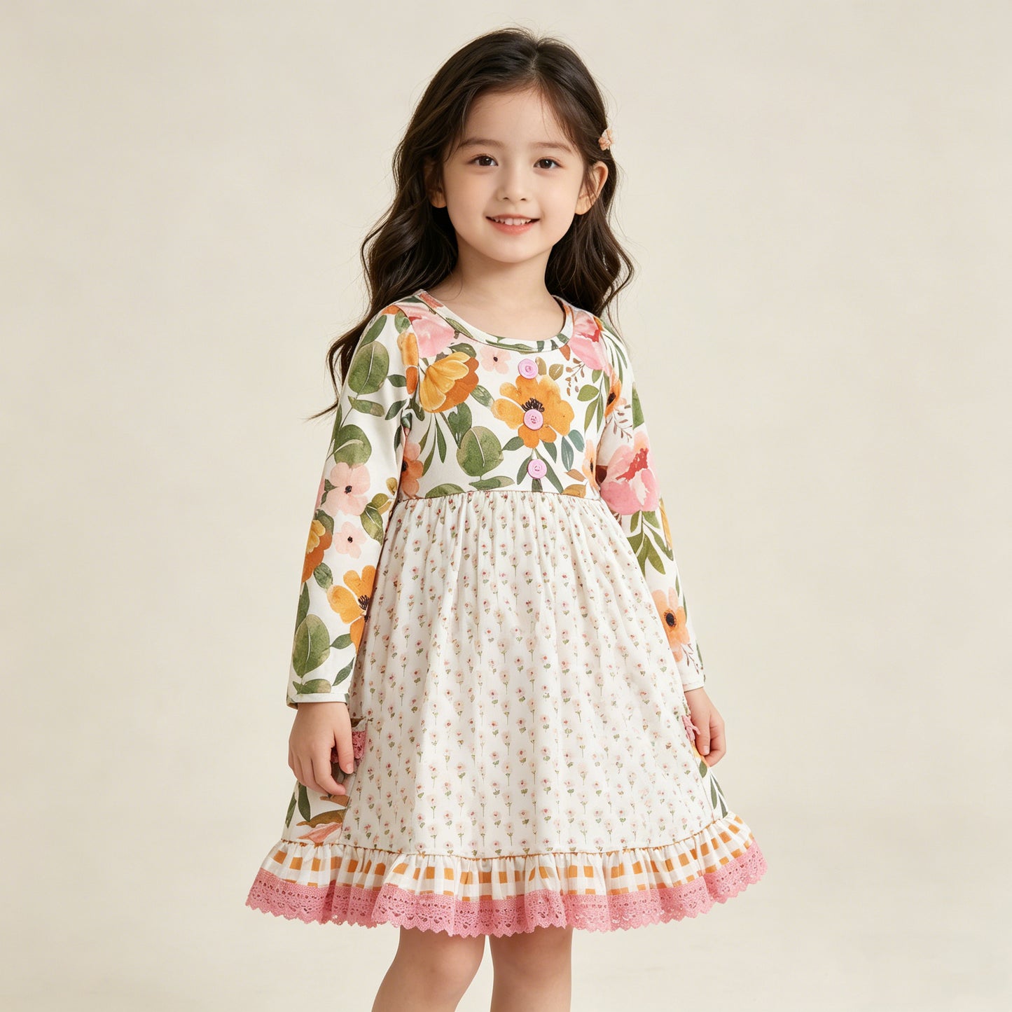 4.11 GLD1588 RTS NO MOQ （In stock ）Long sleeves floral pockets ruffle girls dresses