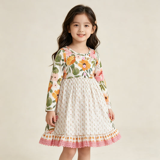4.11 GLD1588 RTS NO MOQ （In stock ）Long sleeves floral pockets ruffle girls dresses