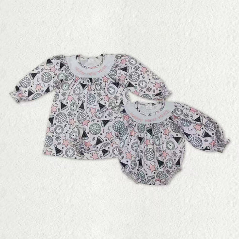 10.17 RTS Sibling Embroidery Happy New Year Baby Girls Knee Length Dresses Ruffle Rompers