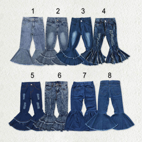 11.6 RTS Sibling Baby Girls Blue Ruffle Bell Bottom Denim Pants Jeans