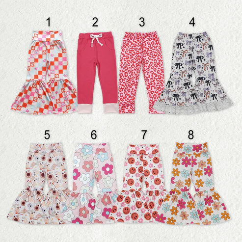 11.3 RTS Sibling Baby Girls Colorful Flowers Bows Ruffle Bell Bottom Leggings Pants