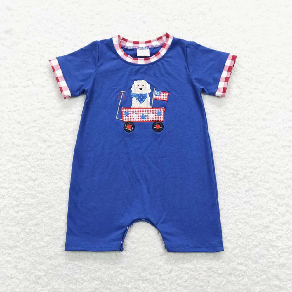 6.03  New Rts No Moq 8-9 Days By Air Arrived it Blue Short-Sleeved Baby Boy Onesie 4th of July Dog Print Outfit Set for Boys under 3 Years Old
