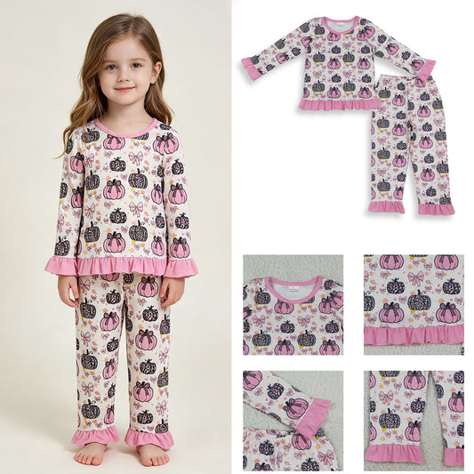 GLP3350 RTS NO MOQ （In stock）milk silk Baby Girls Bows Leopard Pumpkins Top Ruffle Pant Fall Pajamas Sets