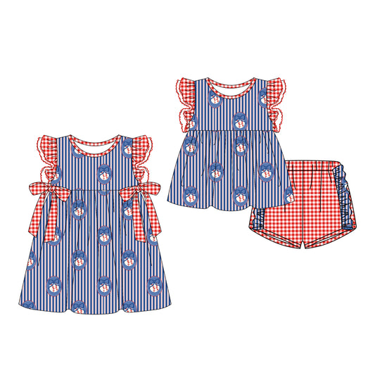 CUSTOM MOQ 5 Sibling Baby Girls Blue Baseball Flutter Sleeve Top Shorts Knee Length Dress Clothes Sets